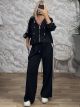 Hooded Military Buttons Striped Set-12139/Black