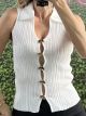 Knitted Gold Hearts Button Top/White