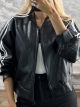 Striped Leather Bomber Jacket-58689/Black