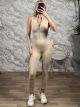 Gym Ripped Zipper Jumpsuit/Beige