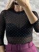 Gyn-Velvet Textured Glitter Bodysuit-3348/Black