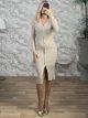 Kun-Knitted GoldenButtons Dress-811/Beige
