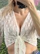 Lace Tie-Front Crop Cardigan/White