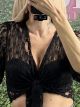 Lace Tie-Front Crop Cardigan/Black