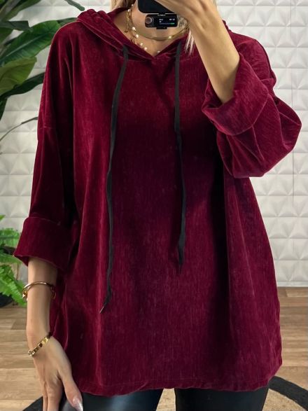 Super Soft Velvet Hood Sweatshirt-25581/Burgundy