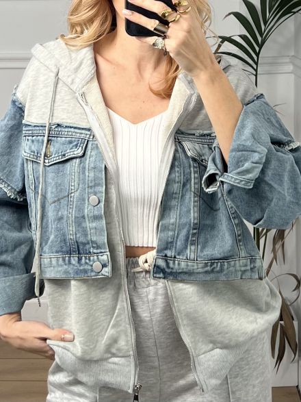 Cropped Denim Sweatshirt-577/Grey