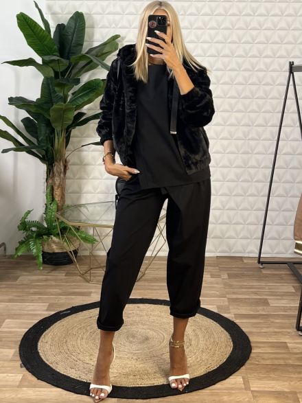 Fur Bomber Jacket-3922/Black