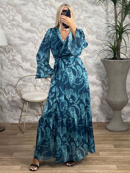 Maxi GoldenThread Wrapover Dress/Petrol