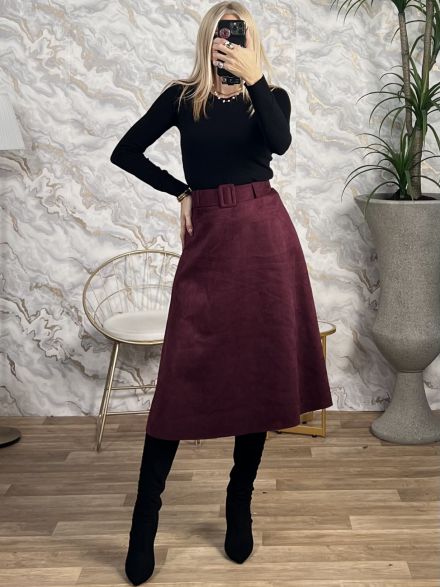 Suede Midi Belt Skirt/Burgundy