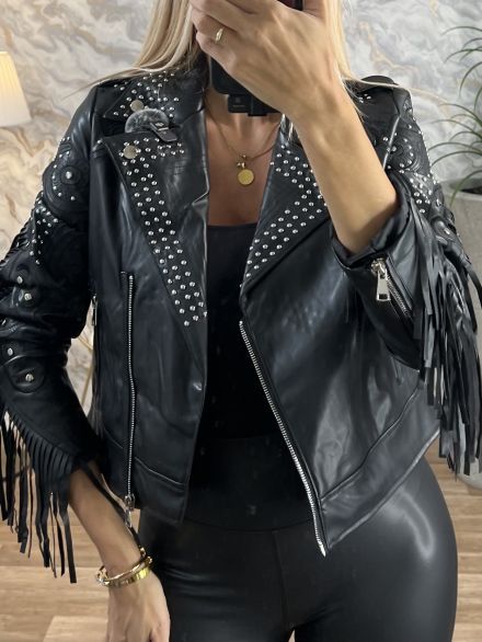 Studs Fringe Leather Jacket-802/Black