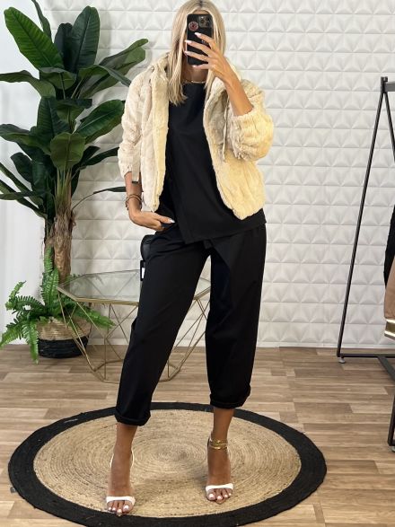 Fur Bomber Jacket-3922/Beige