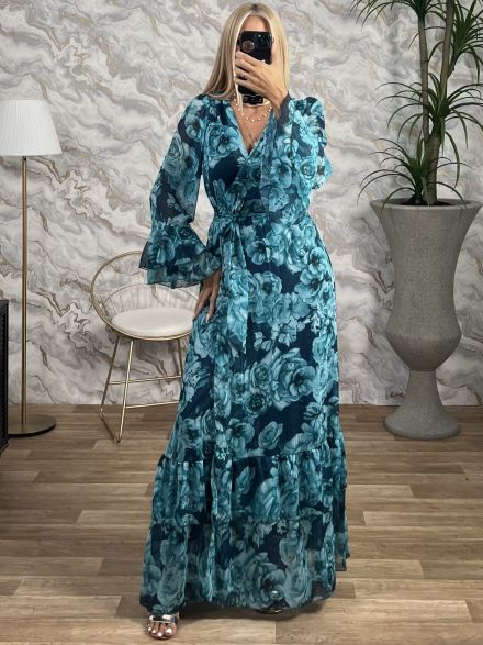 Maxi GoldenThread Ruffle Dress-Roses/Turquoise