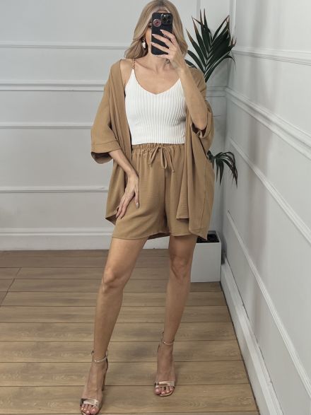Casual Kimono Shorts Set/Beige