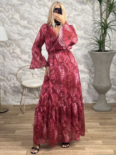 Maxi GoldenThread Wrapover Dress/Burgundy