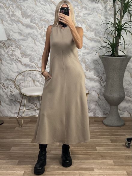 Sleeveless Pockets Maxi Dress-13286/Beige