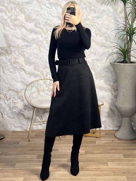 Suede Midi Belt Skirt/Black