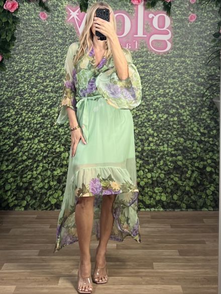 Half Floral Muslin Dress/Green