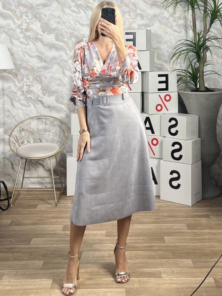 Suede Midi Belt Skirt/Grey