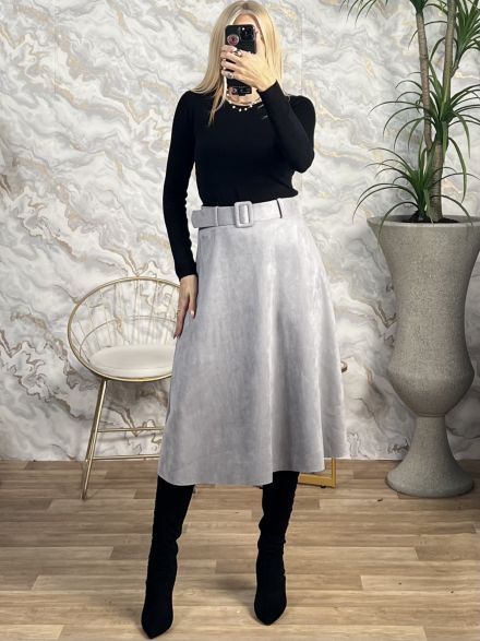 Suede Midi Belt Skirt/Grey