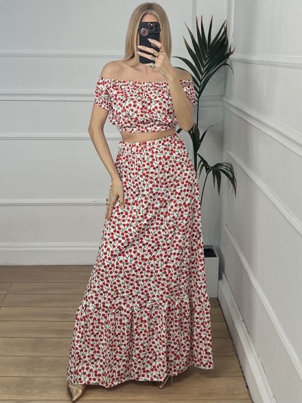 Openshoulders Skirt Set-Cherries/White