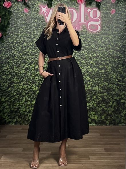 Embroidered Belt Dress-5653/Black