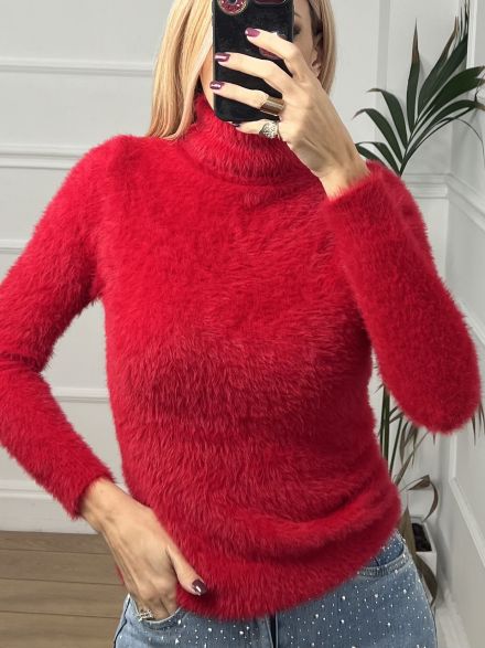 Mohair Turtleneck Long Sweater/Red