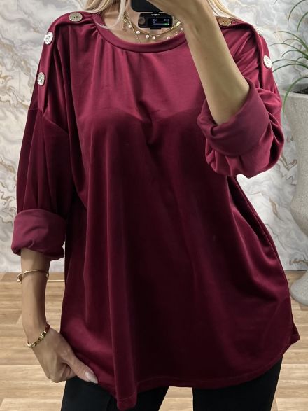 Velvet Buttons Loose Top-92375/Burgundy