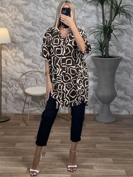 Satin Long Golden Shirt-Squares/Chocolat