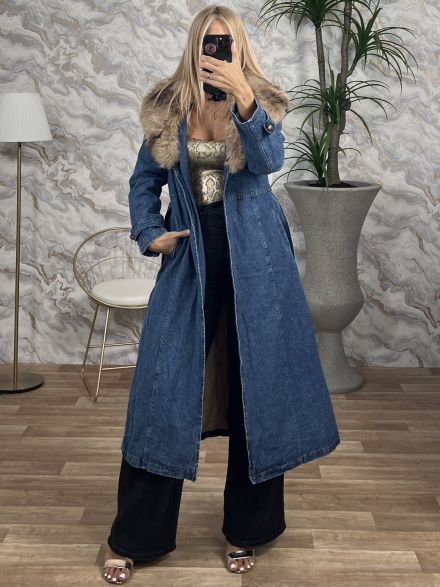 Maxi Denim Fur Details Jacket/Blue