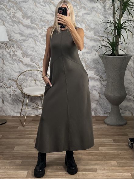 Sleeveless Pockets Maxi Dress-13286/Khaki