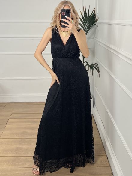 Maxi Elastic Lace Dress/Black