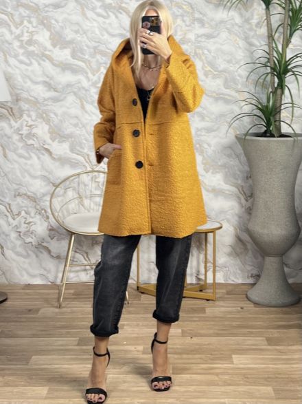 Hood Boucle Buttons Coat/Mustard