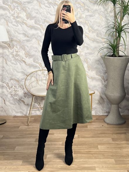 Suede Midi Belt Skirt/Khaki