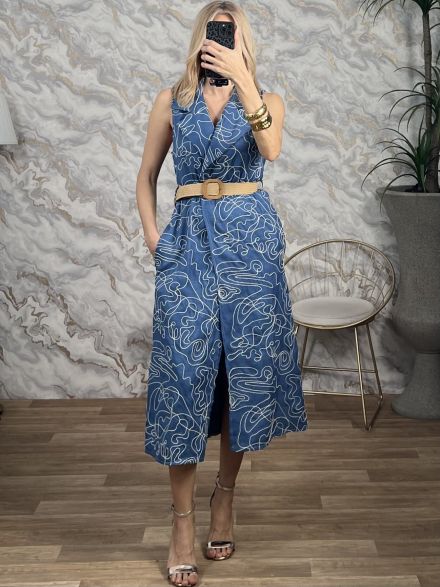 Embroidered Belt Midi Dress-41450/Blue