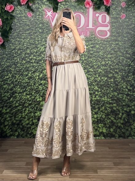 Embroidered Belt Dress-0370/Beige