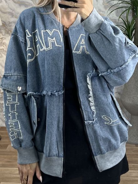 Denim Oversized Embroidered Bomber/Blue