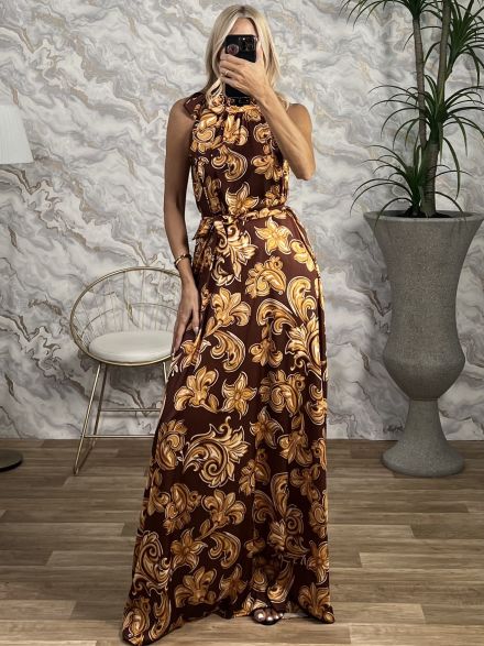 Maxi Satin Neck Bow Dress/Chocolat