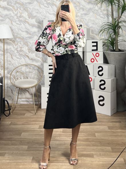 Suede Midi Belt Skirt/Black