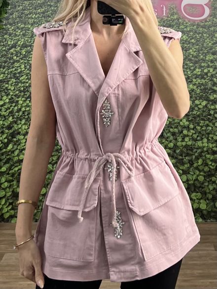 Denim Sleeveless Strass Jacket/Pink