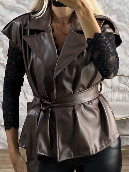 Sleeveless Leather Jacket-11071/Chocolat