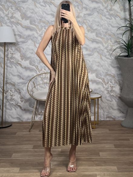 Lurex HalterNeck Chevron Maxi Dress/Chocolat-Beige