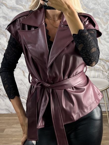 Sleeveless Leather Jacket-11071/Burgundy