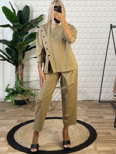 Cottton Buttons Asymmetrical Set/Camel