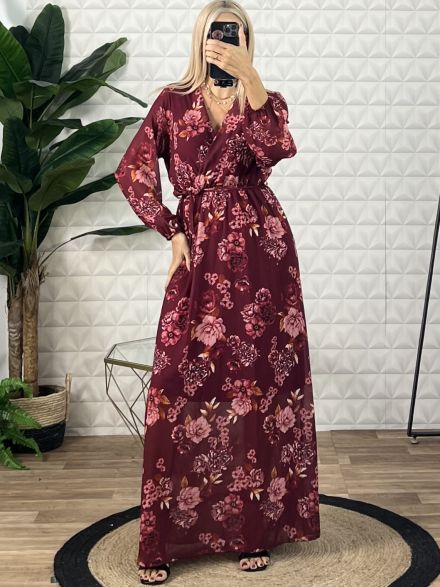 Maxi Muslin Floral Dress/Burgundy