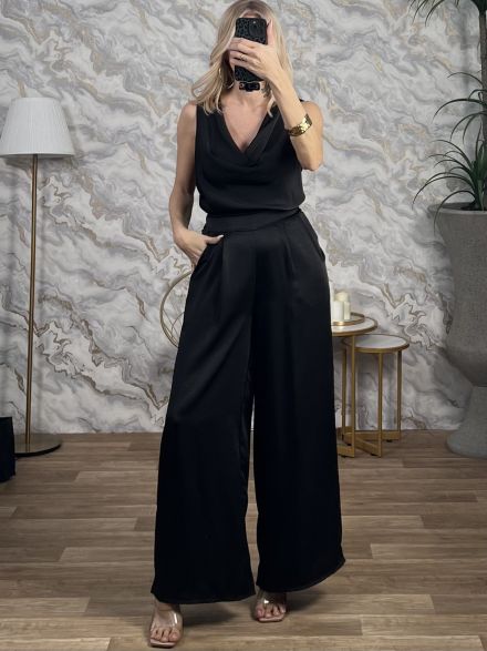 Satin Drape Pants Set/Black