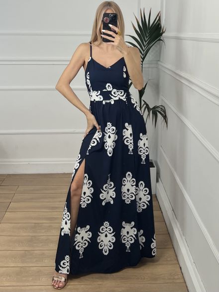 Backless Bow Dress Print/Navy Blue