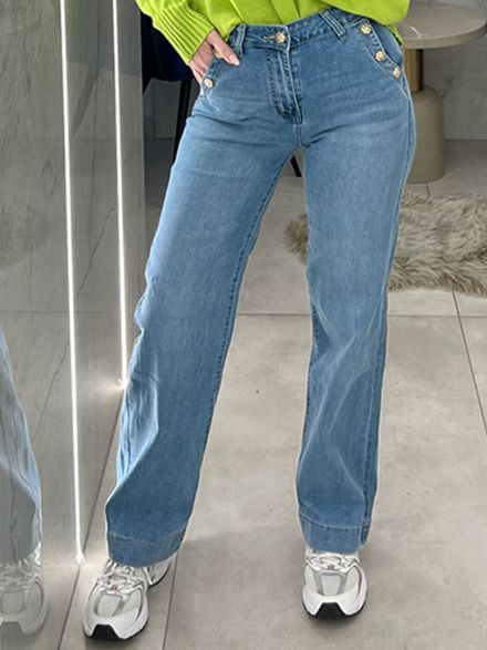 Gold Buttons Denim Pants-7012