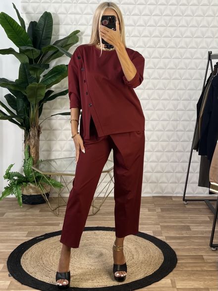 Cottton Buttons Asymmetrical Set/Burgundy