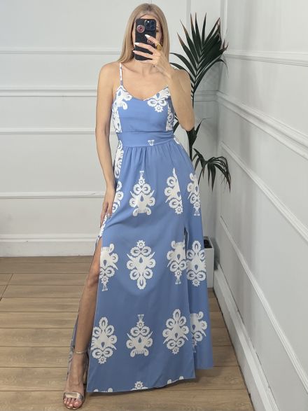 Backless Bow Dress Print/L.Blue