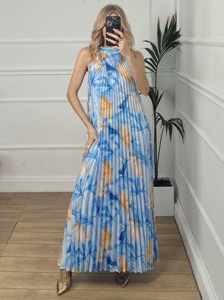 Satin Floral Pleated Dress-NEW/L.Blue